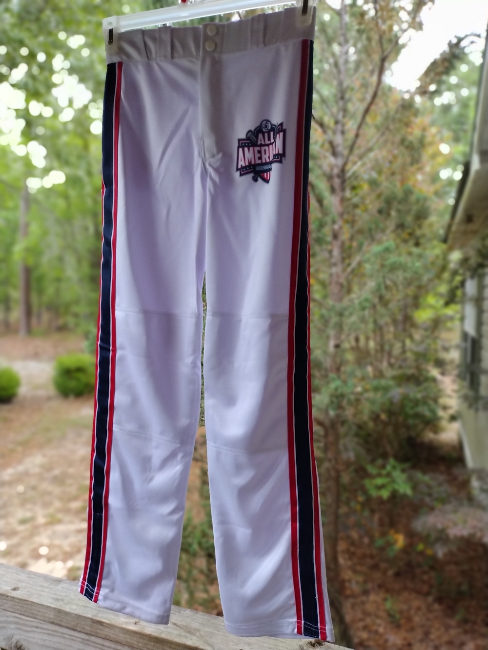 Kids' White Baseball Pants with Red & Navy Side Stripes